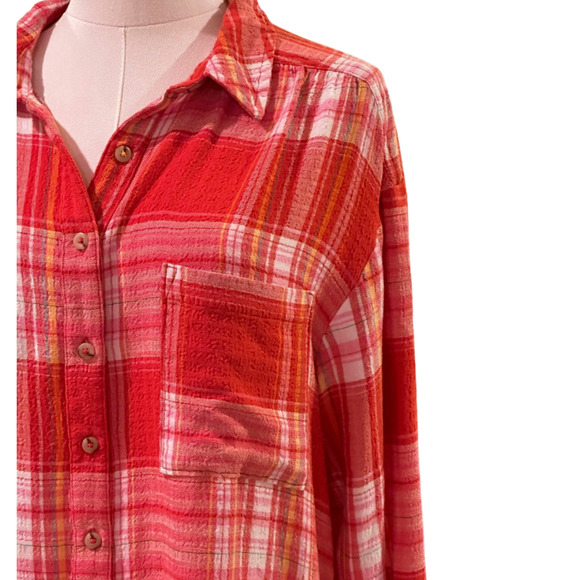 Pilcro Orange Red Plaid Pleated Button Down Flannel Large - Picture 2 of 10